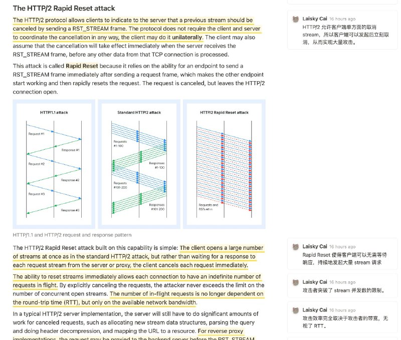 https://laisky.notion.site/How-it-works-The-novel-HTTP-2-Rapid-Reset-DDoS-attack-Google-Cloud-Blog-6e0b3c1840824c51a55f5ec0c65dcfe5?pvs=4CVE-2023-39325 利用 HTTP/2 单 tcp conn 上可以承载任意数量 stream 的特性，结合 stream rapid reset 的特性，实现超高强度的 DDoS 攻击
