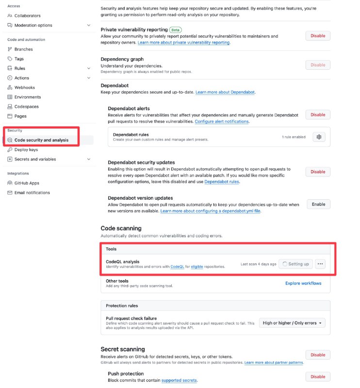 GitHub Repo Settings 里的这个 CodeQL analysis 强烈推荐，扫描各类代码漏洞非常好用