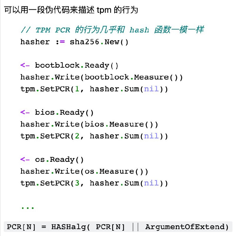 TPM 是一个硬件加密芯片，这个只有几厘米大小的小芯片内内置了 24 个寄存器，称为 PCRs（Platform Configuration Registers），每个寄存器都可以保存一个 SHA256/384 的哈希值